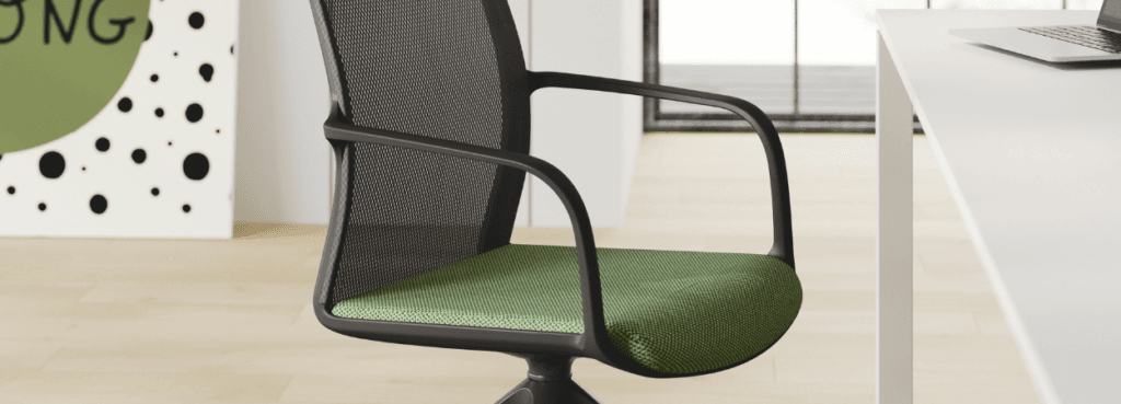 Modern Troupe Visitor Chair with green seat and black mesh back.