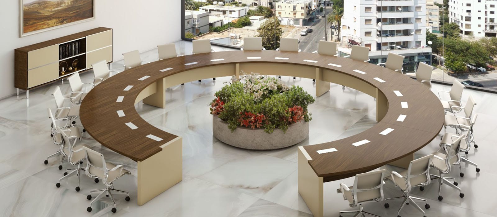 Large curved conference table with chairs