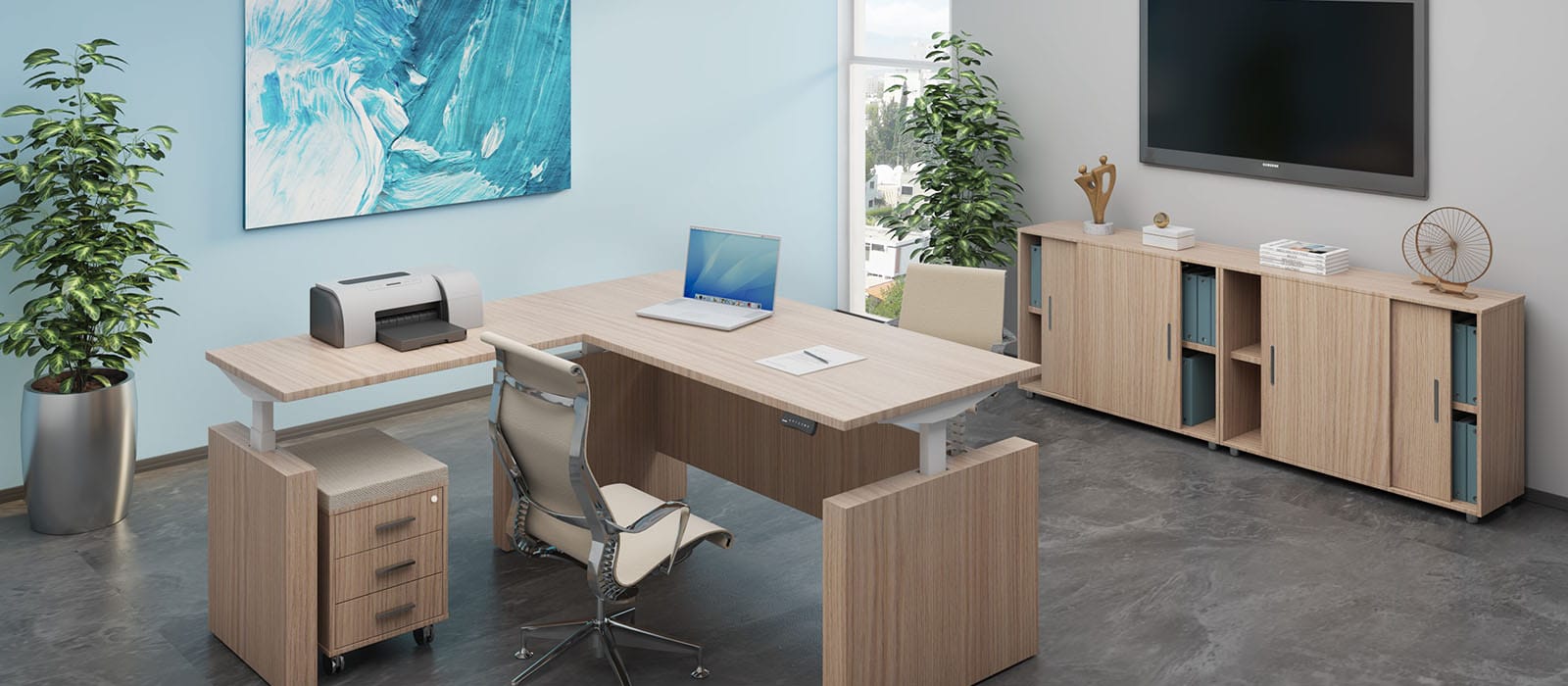 Light wood desk, storage cabinet and chair