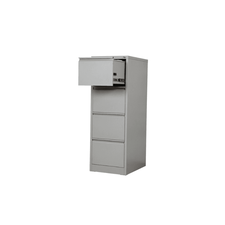 Gray Roneo Metal Furniture with four drawers, one open. Vintage office storage.