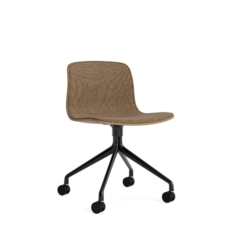 HAY AAC 14 swivel chair. Brown fabric shell, black aluminum castor base. Modern office seating.