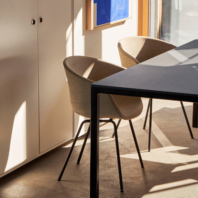 HAY AAC 27 chair. Upholstered shell, steel base. Modern design for corporate or home office spaces.