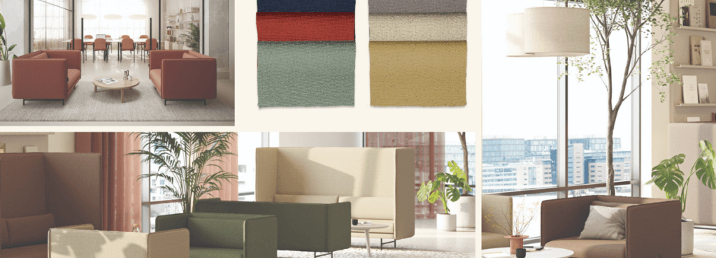 Modern office space featuring the QOMFORTis1 Sofa. Modular seating in terracotta, olive, and beige.