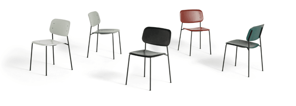 HAY Soft Edge 45 chairs. Minimalist design with plastic seat/back and steel base in various colors.