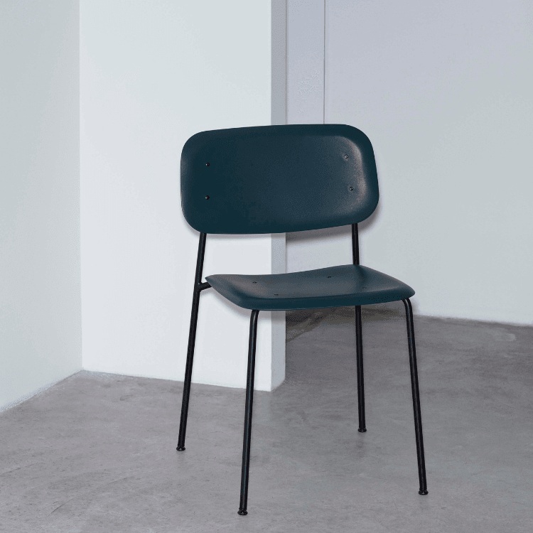 HAY Soft Edge 45 chair. Dark green plastic seat/back with black steel legs. Modern design.