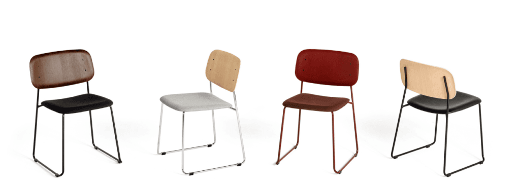 Four HAY Soft Edge 50 chairs: wood seat/back, steel sled base. Modern design for Cyprus interiors.