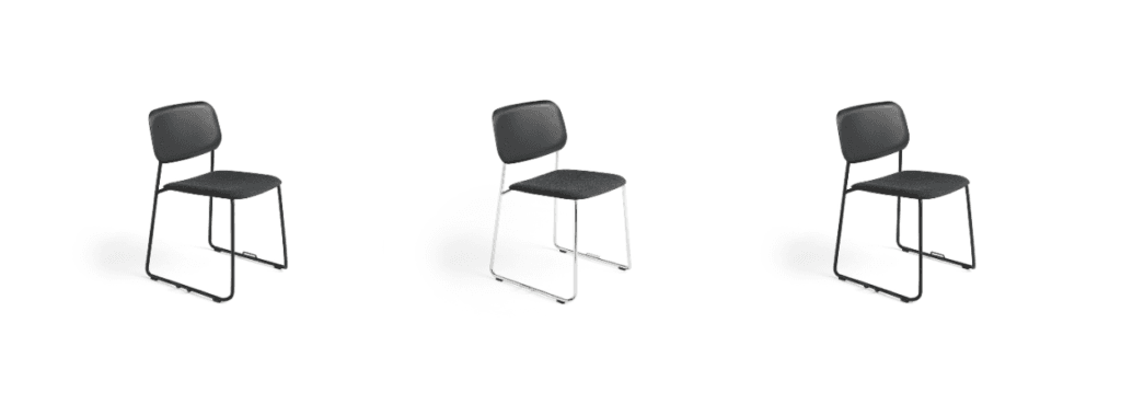 Soft Edge 52 chair. Modern stackable design with black seat and steel base, ideal for cafeterias and social spaces.