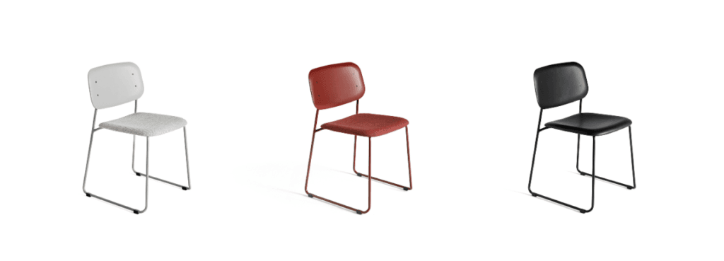 HAY Soft Edge 55 chairs: Minimalist design with colorful plastic seats and steel frames.