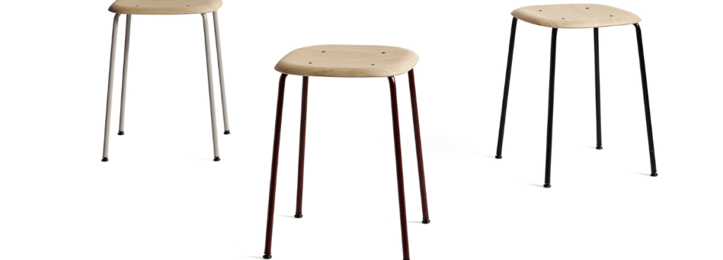 HAY Soft Edge 70 stool. Wood seat with steel legs in various finishes. Modern design.