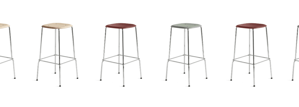 HAY Soft Edge 80 stool. Minimalist design with wood seat and steel legs.