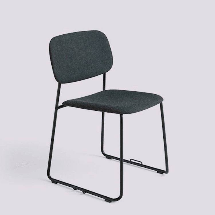 HAY Soft Edge 53 chair. Upholstered in dark gray fabric with a black steel sled base. Modern design.