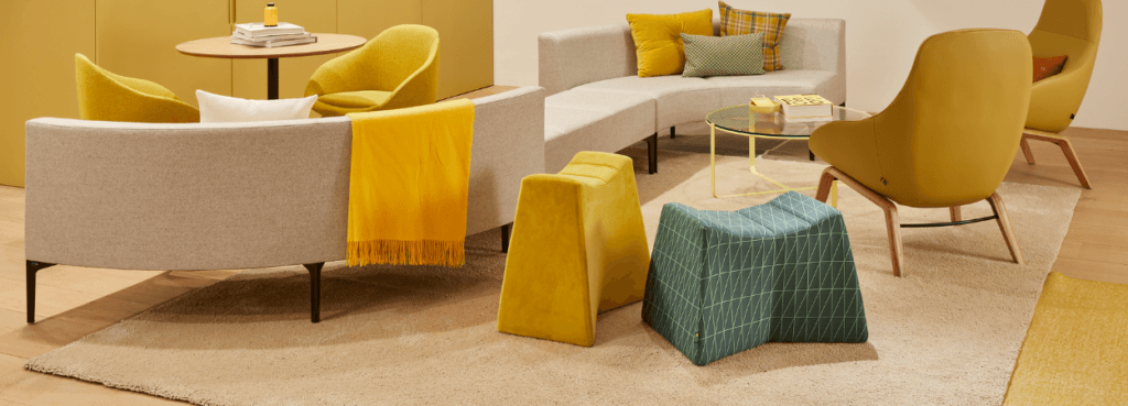 Modern lounge featuring a yellow and green Pinch Stool by NaughtOne.