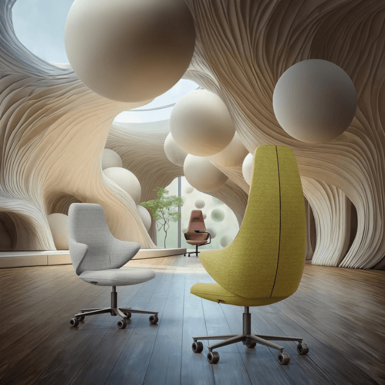 CHECKis3 lounge chairs in gray and yellow, with a modern design, set in a stylish, open space.