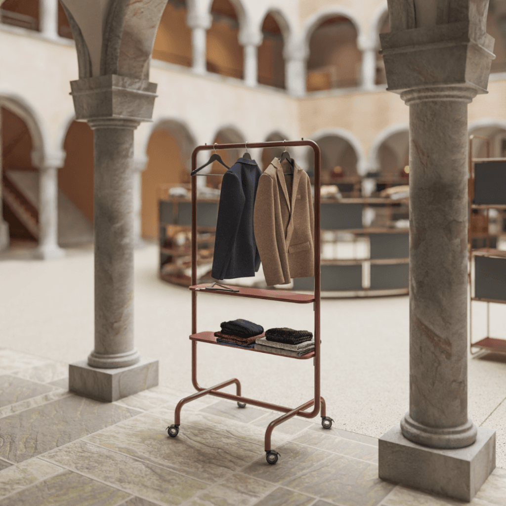 Alea Multy coat rack in red with clothes on display. Versatile, mobile design.