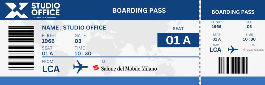 Studio Office boarding pass for Salone del Mobile Milano 2025. Flight 1966, seat 01A.