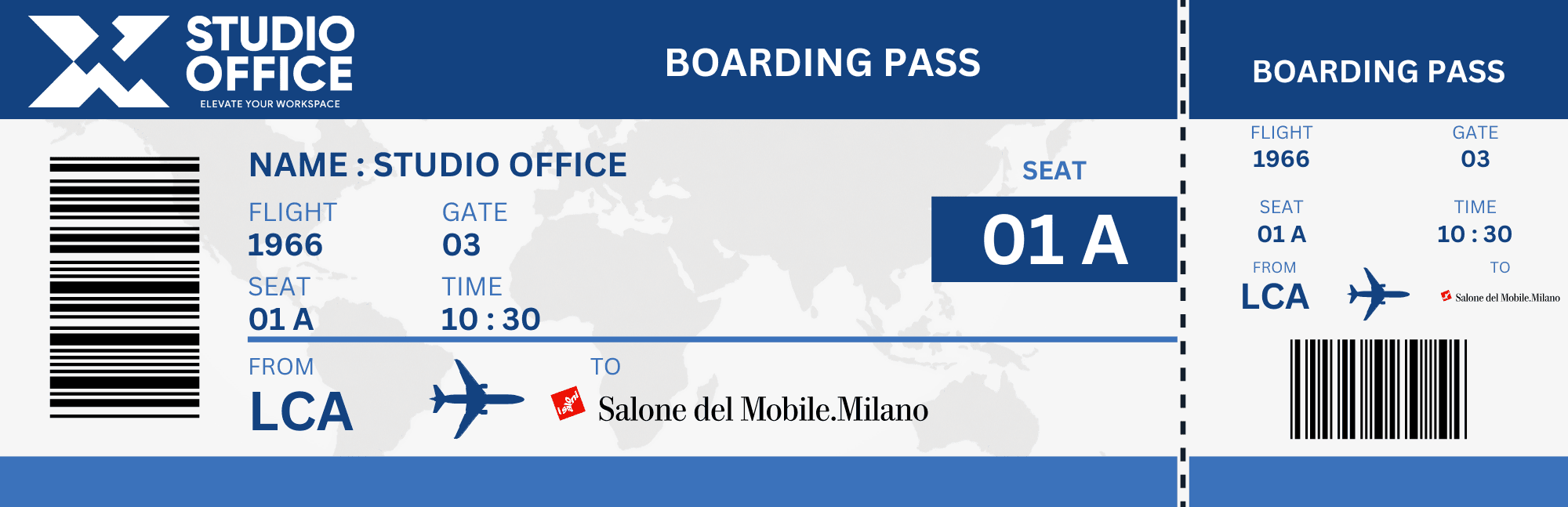 Studio Office boarding pass for Salone del Mobile Milano 2025. Flight 1966, seat 01A.