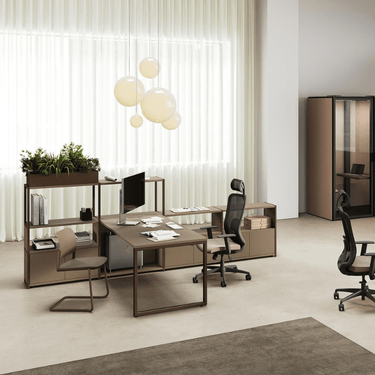 Minimalist SIGMA desk system by LAS with modular shelving, desk, and ergonomic chairs in a modern office setting.
