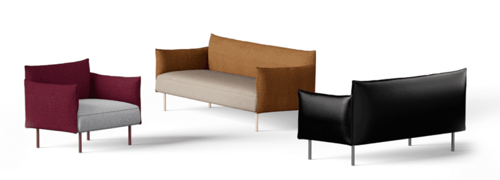 Alea S50 Collection: Customizable sofas and armchairs in red, brown, and black leather.