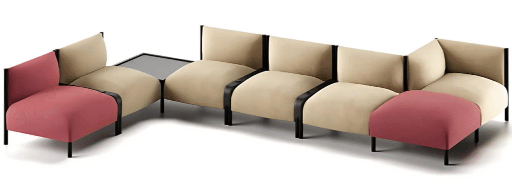 Modular WAFFLE Endless sofa in beige and pink fabric with black frame. Modern style seating.