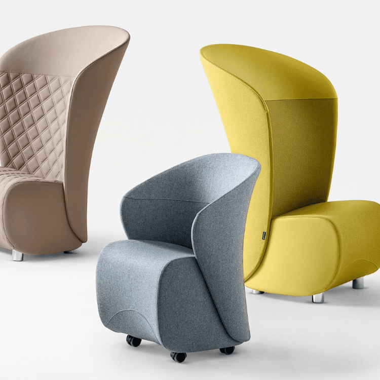 KOCCOLA armchair in beige, grey and yellow. Modern, comfortable seating for social and relaxed spaces.