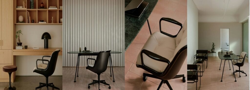 Knoll Pollock Executive Chair. A modern office chair with armrests and a swivel base. Available in black and cream leather.