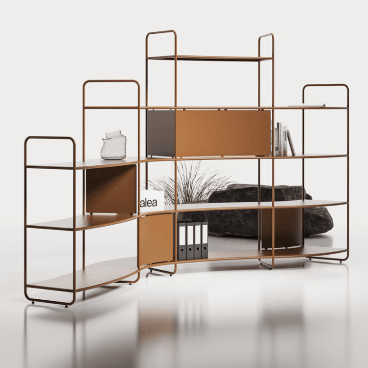 Modern R_9 Modular Bookcase by Alea with metal frame and brown shelves. Dynamic shelving system for stylish storage.