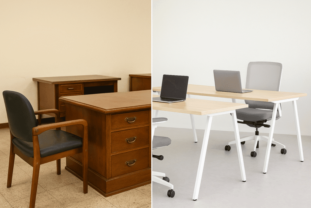 a collage of a room with a laptop and a desk