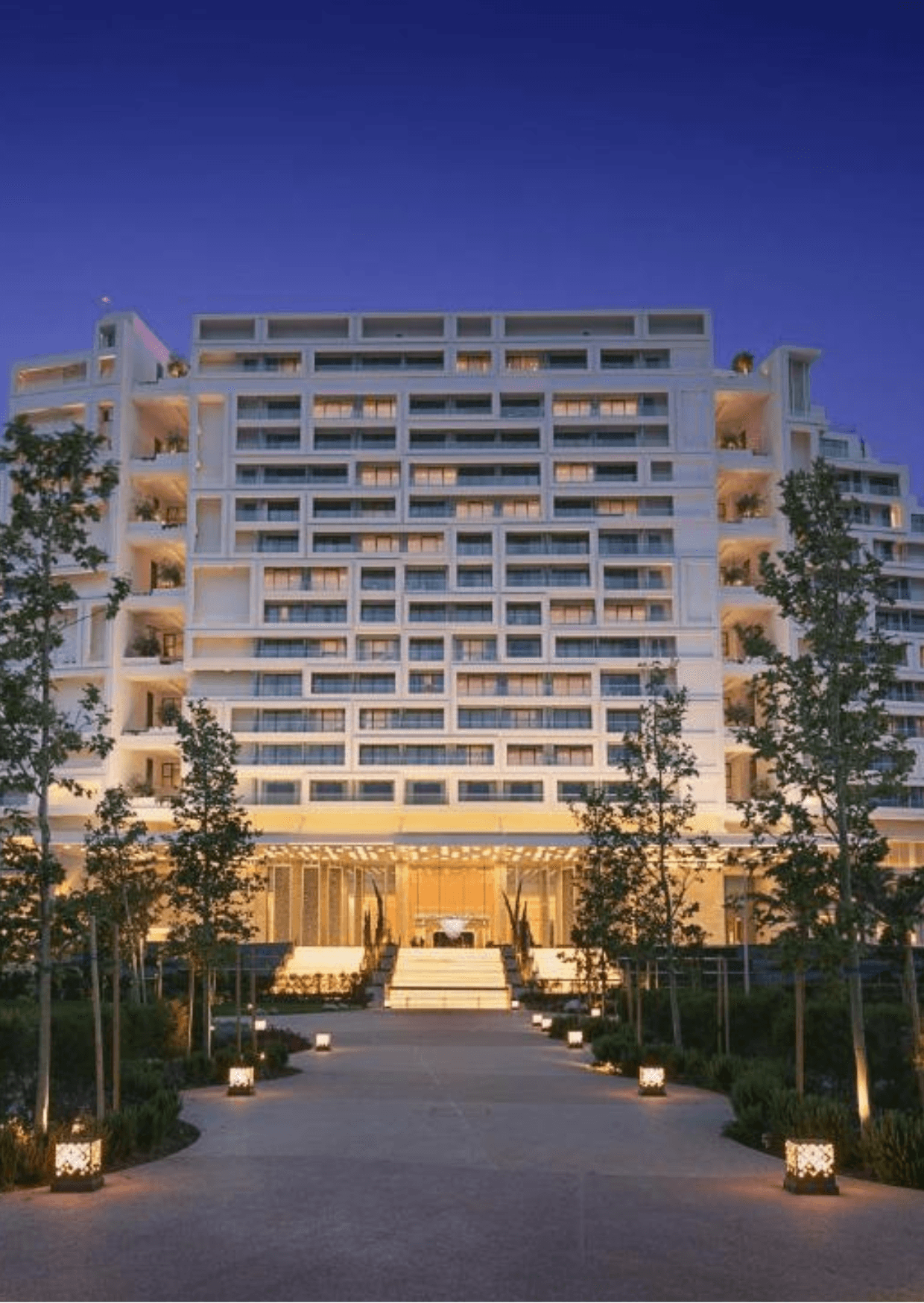 City of Dreams Mediterranean in Limassol, Cyprus near University of Cyprus. Luxurious resort and casino architecture at dusk.
