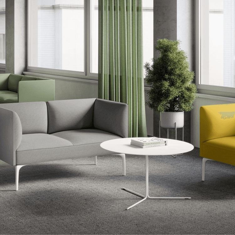 Modern AUTO-DRAFT sofa in gray fabric. Sleek design with a white table, perfect for a stylish living space.