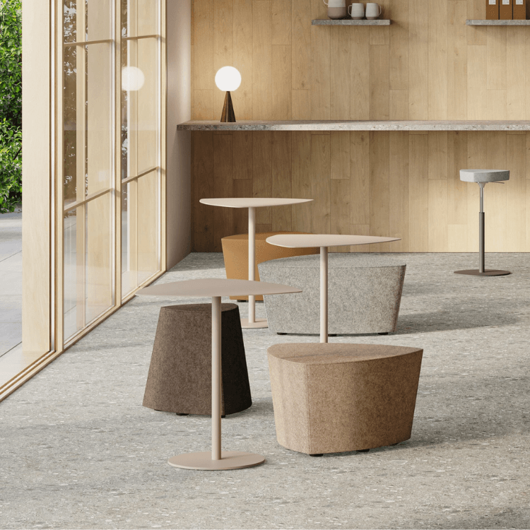 Modern AUTO-DRAFT tables and stools in neutral tones. Stylish seating and table solutions for contemporary spaces.