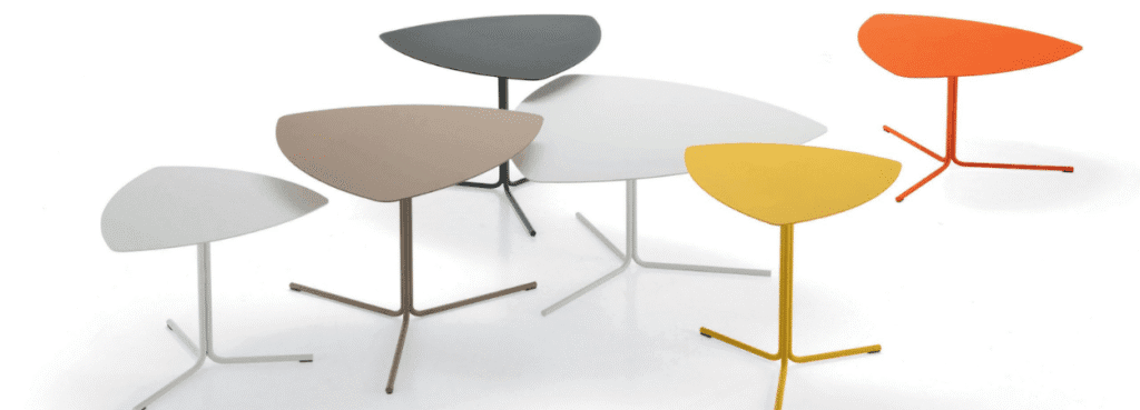 Colorful Kensho Tables, modern accent tables with unique leaf-shaped tops and sleek metal legs.