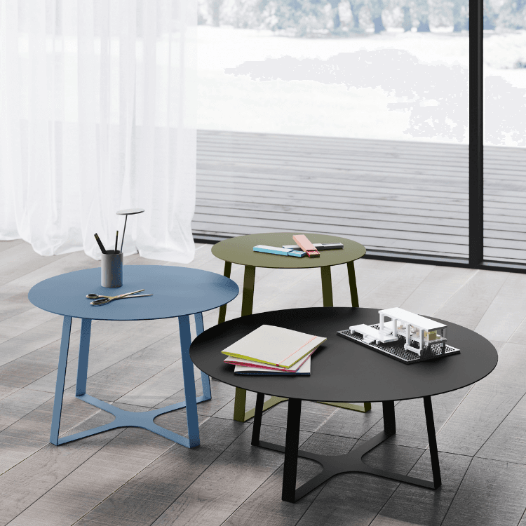 AUTO-DRAFT: Set of three round metal side tables in blue, green, and black. Modern design for any living space.