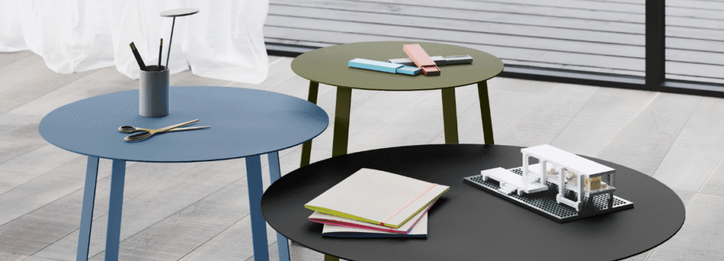 AUTO-DRAFT round tables in blue, green, and black. Modern metal side tables for living room decor.