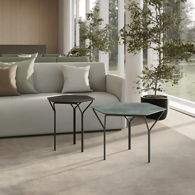 Hexagonal Kyu Coffee Table with a three-Y leg structure, available in multiple finishes and heights. Modern design.