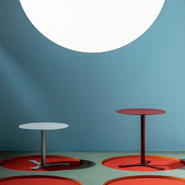 Stylish AUTO-DRAFT tables in red and gray tones. Modern design for any space.