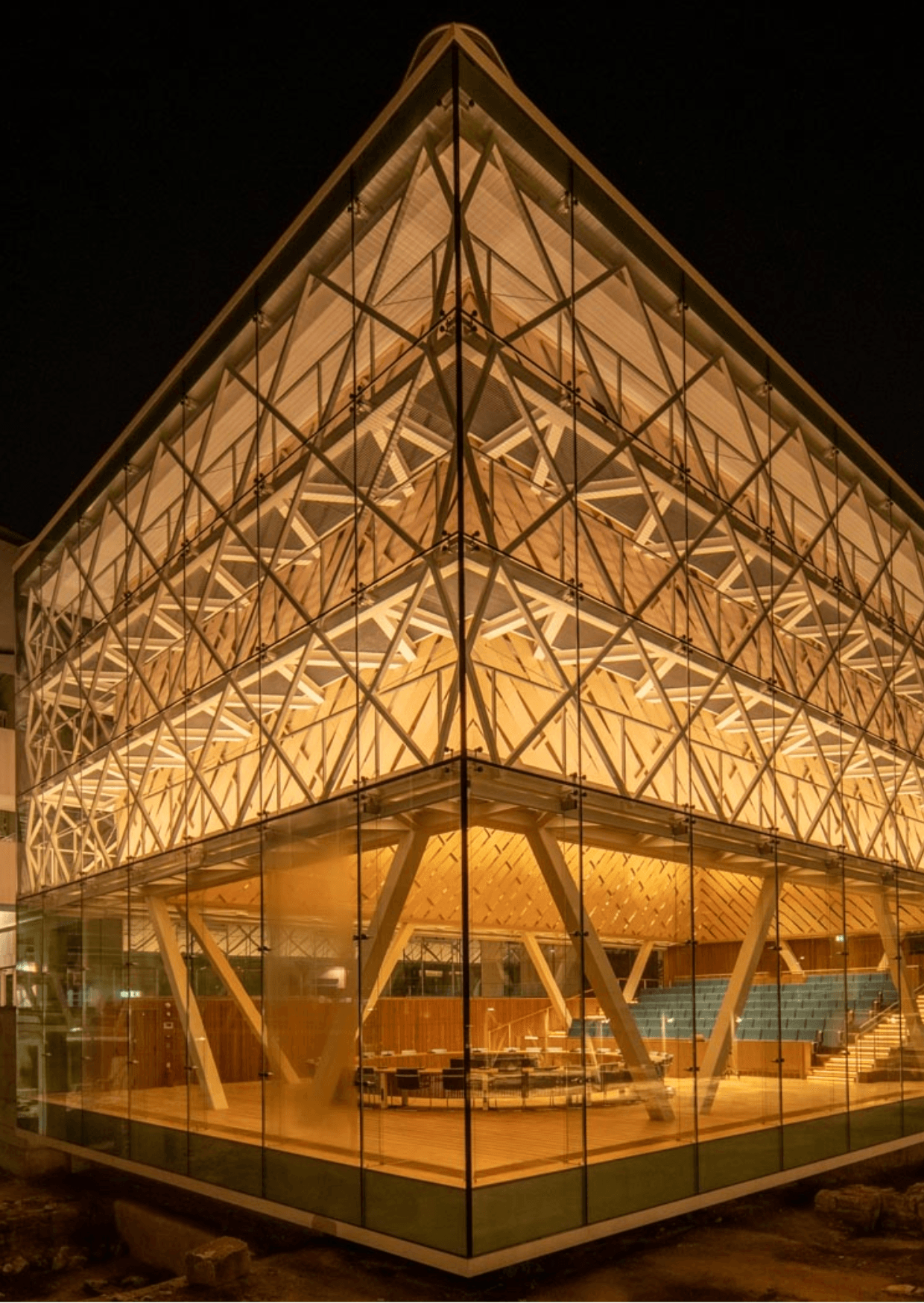 Nicosia Municipal Council building, Cyprus. Modern architecture with glass and geometric wooden structure. Image for the University of Cyprus.