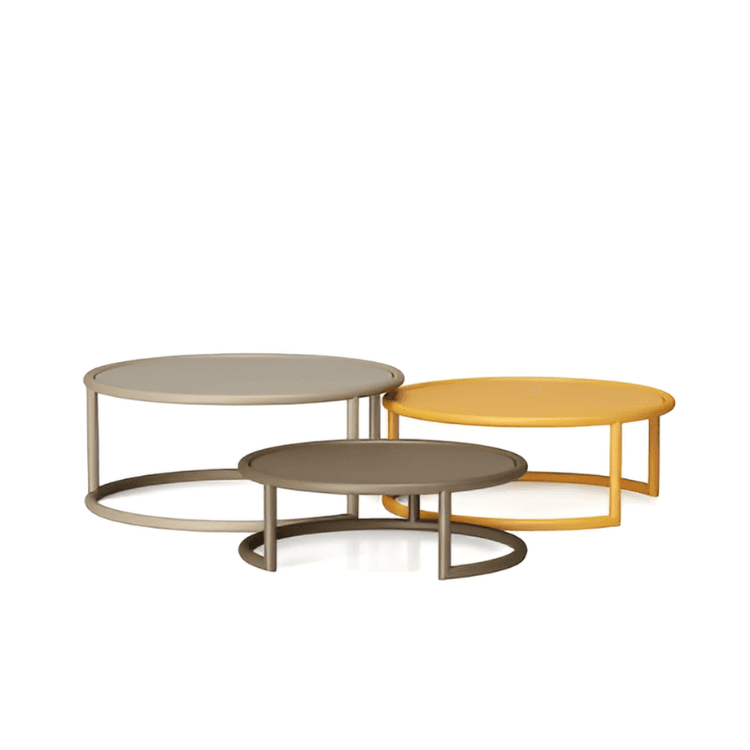 Minimalist Rim Coffee Table set in taupe, brown, and yellow. Round metal tables in varying sizes and heights.