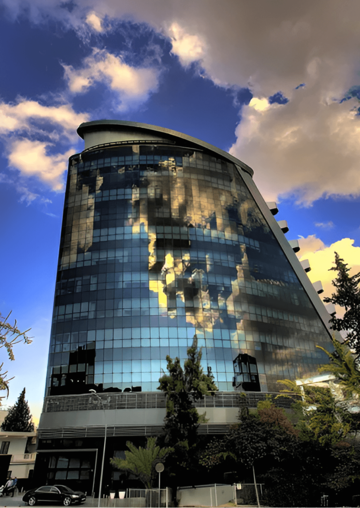 Wargaming Nicosia Cyprus building reflecting sky, near University of Cyprus. Modern architecture.