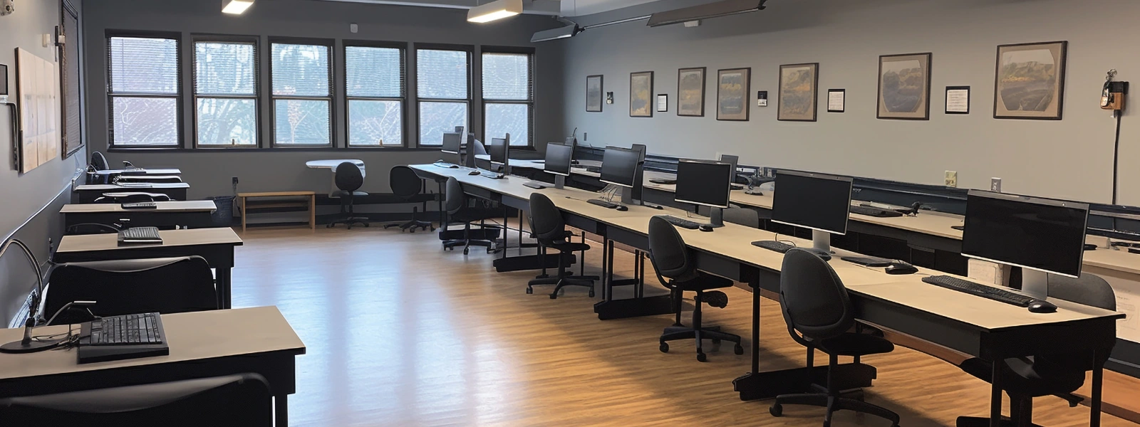 University study area with smart furniture solutions. Computer desks in a learning space.
