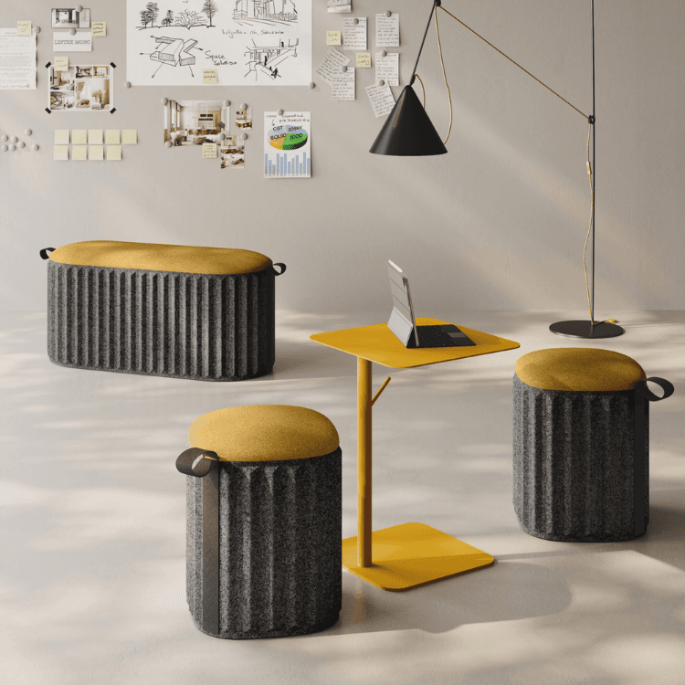 Modern AUTO-DRAFT furniture: gray textured stools with yellow tops, plus a yellow laptop table.