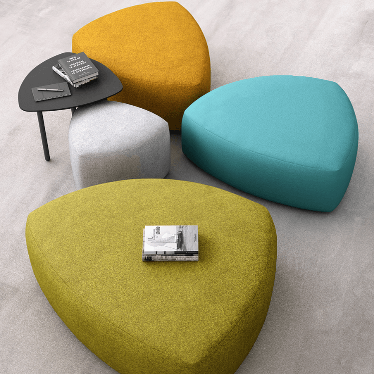 Modern lounge: GOGO Pouf in yellow, grey, teal, and chartreuse. Versatile seating or table for lobbies, workspaces, and lounges.