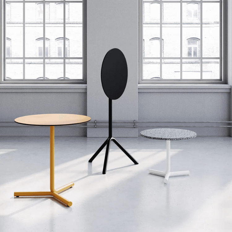 Modern Jit Coffee Table collection. Round tables in yellow, black, and terrazzo finishes. Stylish accent furniture.