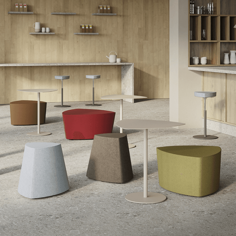 Modern Kensho pouf seating in various shapes and colors. Contemporary design for stylish comfort.