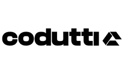Codutti new logo. Black text on a gray background.