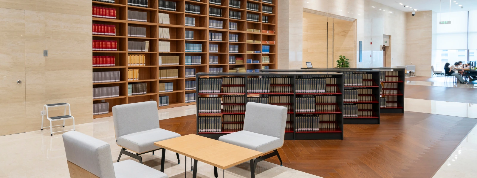 Flexible Learning Spaces: Modern school library with bookshelves and seating.
