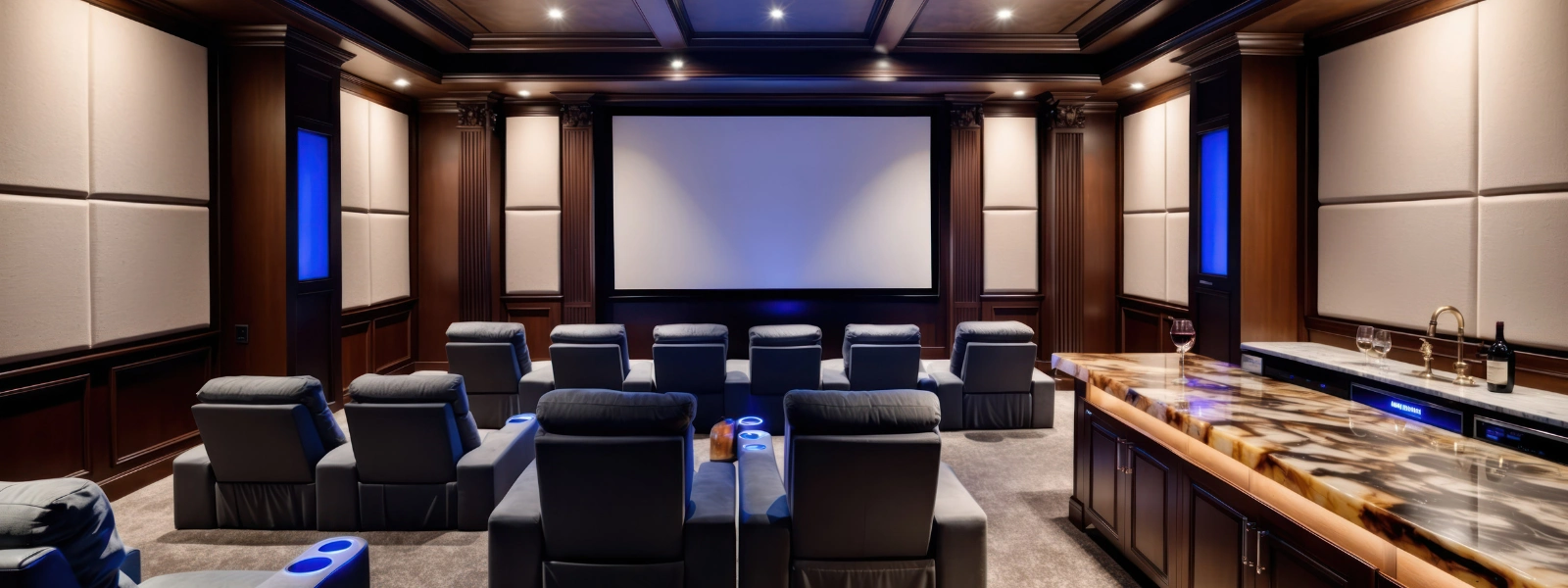 Luxury home cinema in Limassol featuring comfortable cinema furniture, a large screen, and a stylish home bar for the perfect movie night.