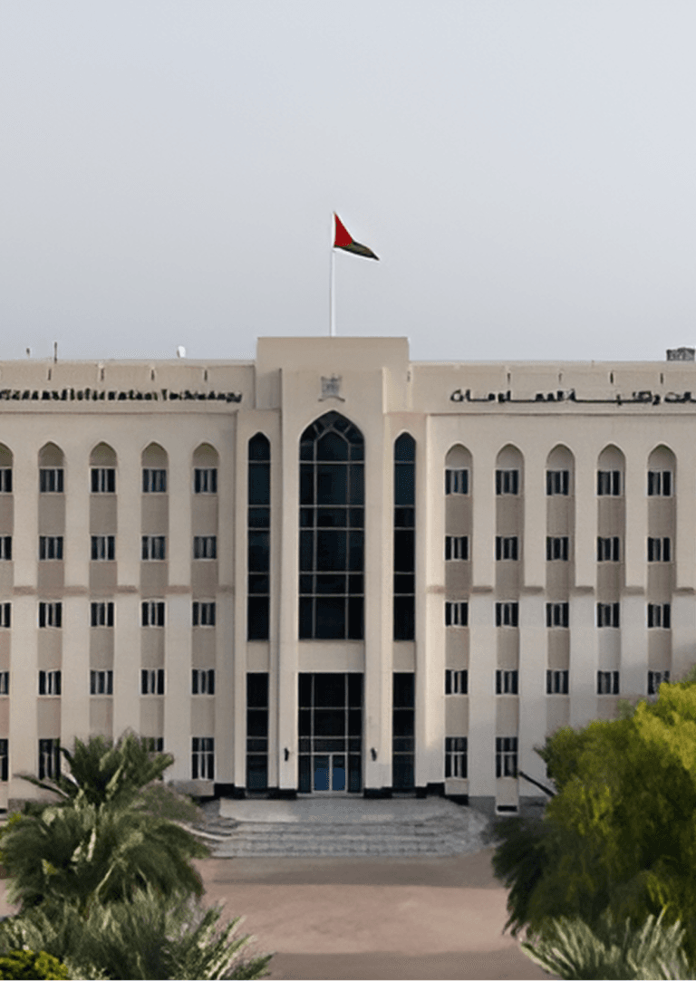 Ministry of Transport, Oman building. The Omani flag flies above this government building in Oman.