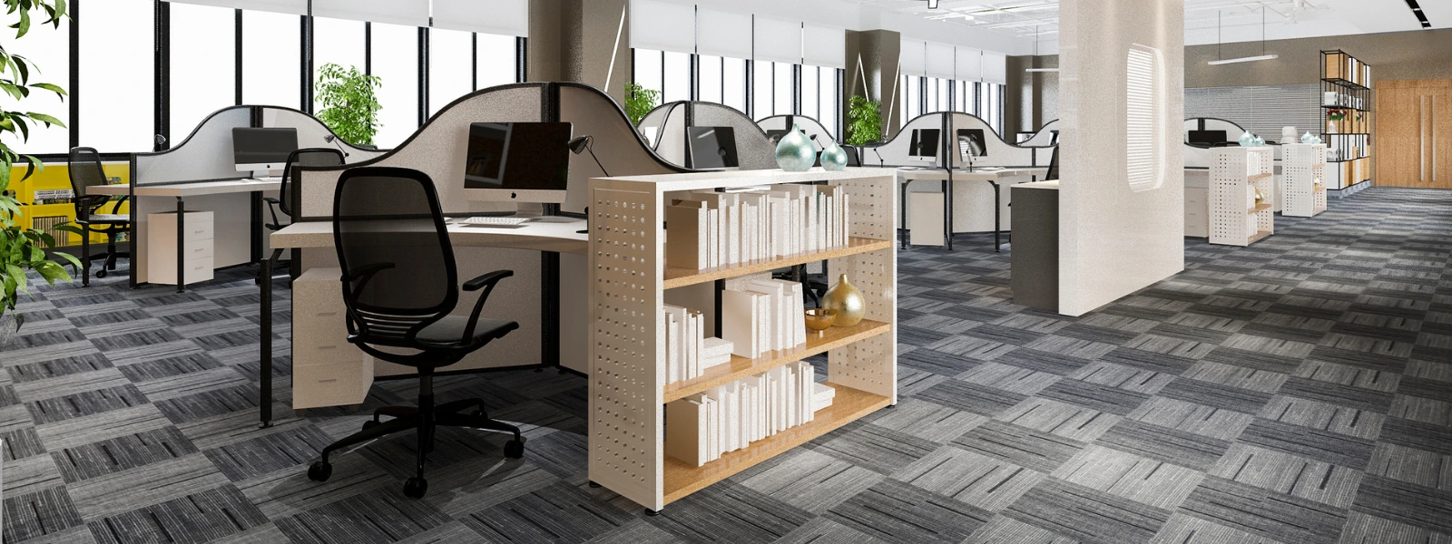 Office decoration ideas to boost productivity: Modern office space with desks, chairs, and bookshelves for workplace motivation.
