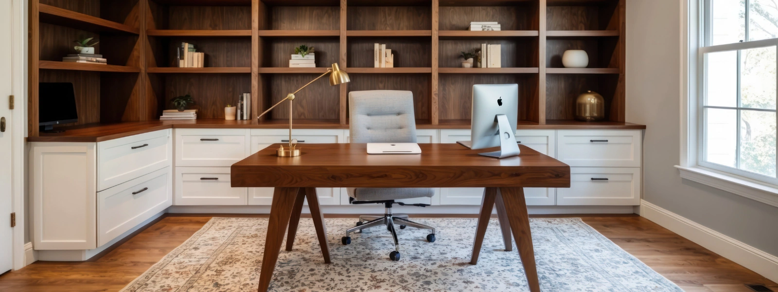 Workspaces That Feel Like Home: An auto draft showcasing a cozy home office with a wooden desk, built-in shelves, and natural light.