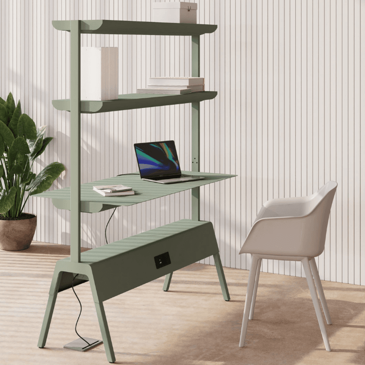 Modern Crossover System by Steelbox in green. Features shelves, desk, and power outlets. Ideal for adaptable workspaces.